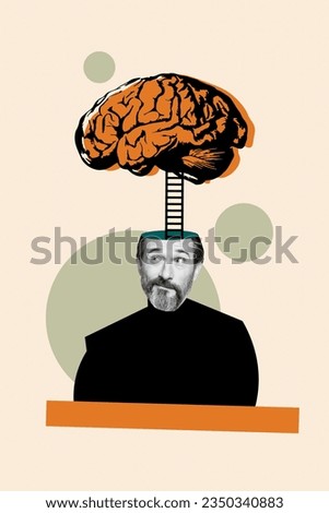 Vertical composite photo collage of clever intelligent man with big brains thinking business ideas isolated creative drawing background