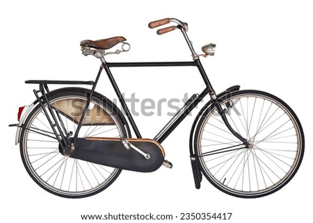 Vintage Dutch gentleman bicycle with leather saddle and wooden handle bars isolated on a white background Royalty-Free Stock Photo #2350354417