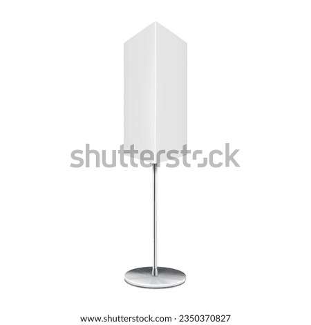 Rotating 3 sided banner stand realistic vector mockup. White blank pole sign. Triangular graphic panel display board mock-up. Template for design Royalty-Free Stock Photo #2350370827
