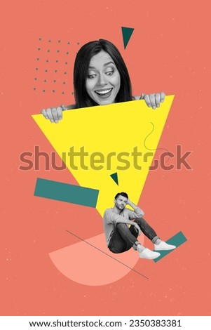 Vertical collage picture of unsatisfied young guy apathy while girlfriend spying his depressed mood isolated on orange color background