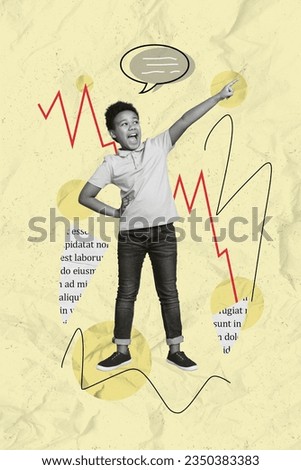 Vertical collage of excited black white effect boy point finger dialogue mind bubble piece book page text isolated on creative paper background