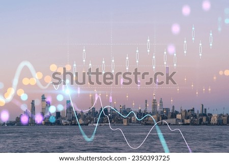 New York City skyline from New Jersey over Hudson River with Hudson Yards skyscrapers at sunset. Manhattan, Midtown. Forex graph. The concept of internet trading, brokerage and fundamental analysis Royalty-Free Stock Photo #2350393725