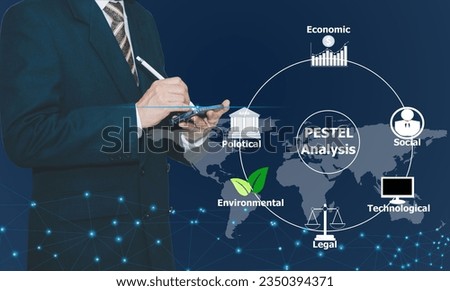Businessman use technology analysis Pestel concept.  Strategic planning process for develop innovative product, market initiatives. Royalty-Free Stock Photo #2350394371