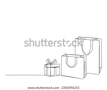 Continuous one line drawing of Shopping bags. Paper bags and present box  line art vector illustration.  Editable stroke.