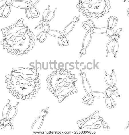 black and white pattern drawing with a balloon dog and a masquerade mask on a white background