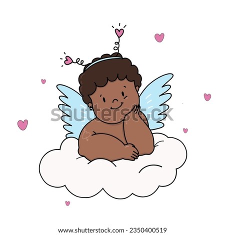 Beautiful vector stock illustration with cute hand drawn black baby putti angel. Clip art.