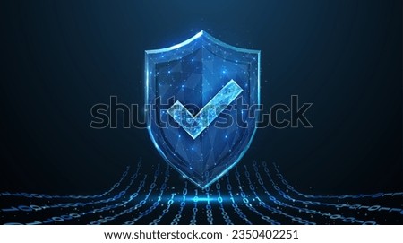 Secure technology. Polygonal wireframe shield with check mark sign on dark blue. Secure service, protect data, cyber shield, antivirus solution, internet safety, firewall system, privacy concept Royalty-Free Stock Photo #2350402251