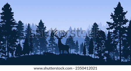 Forest landscape silhouette in blue hues. The coniferous trees and horned deer are in silhouette against a foggy horizon. For backgrounds, banners, travel and adventure designs