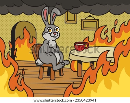 Rabbit hare bunny in fire meme This is fine pinup pop art retro raster illustration. Comic book style imitation.