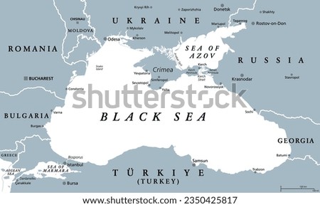 Black Sea region, gray political map. Marginal mediterranean sea of the Atlantic Ocean, between Europe and Asia. With Crimea, Sea of Azov, Sea of Marmara, Bosporus, Dardanelles and the Kerch Strait. Royalty-Free Stock Photo #2350425817