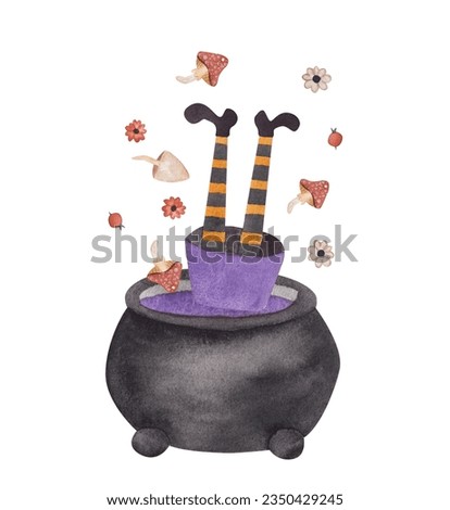 Witch's legs in a cauldron illustration. Watercolor Halloween clip art. Orange and black striped stockings, poison cauldron.
