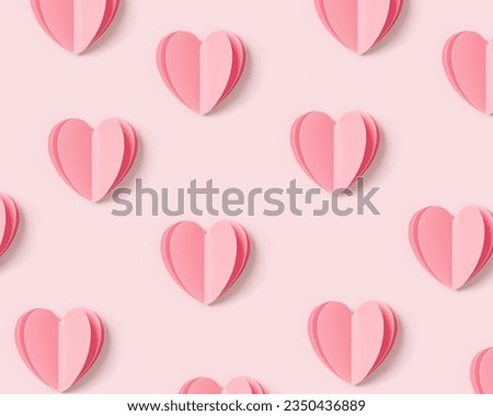 Pink hearts on pink color background, minimal trend pattern, pastel monochrome pink print as valentines day or wedding background. Hearts symbol of love, romantic holiday concept, top view, flat lay Royalty-Free Stock Photo #2350436889