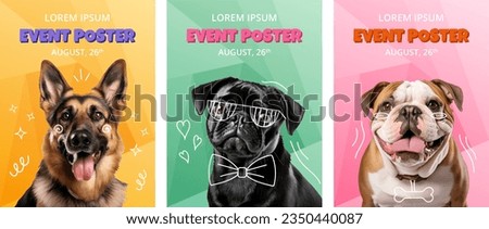 Event vertical posters template with Dogs different breeds. Celebration comic collage with pet Pug, German Shepherd, Bulldog. Vector set