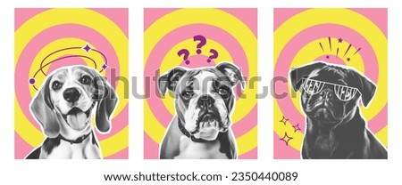Vertical posters template with Dogs different breeds Halftone style. Surreal Collage Pet Pug, Beagle, Bulldog. Contemporary vector advertising flyers