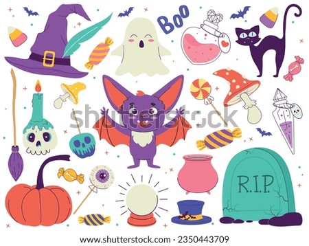 Cute set of halloween characters. Bat, black cat, skull, candle, candy, ghost, eye, bat, broom, witch hat, poison apple, potion, cauldron. Beautiful, vector illustration in a cartoon style.