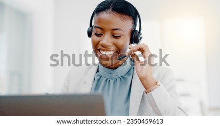 Black woman, call center and consulting on laptop for telemarketing, customer service or desktop support. Friendly African female consultant talking on headset for help, advice or communication Royalty-Free Stock Photo #2350459613