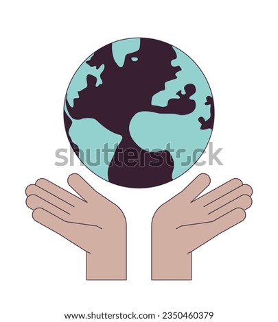 Hands protect earth flat line color isolated vector object. Editable clip art image on white background. Simple outline cartoon spot illustration for web design