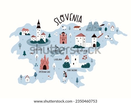 Slovenia hand drawn map with attractions, travel destinations. Cartoon illustration of European country. Travel poster, postcard, banner