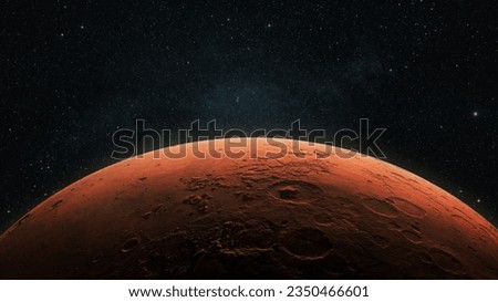 Amazing red planet Mars in deep stellar space. Journey to Mars Concept. Mars in the starry sky. Red planet in space