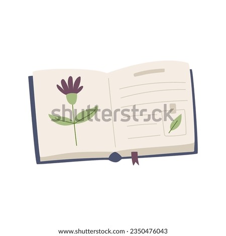 An open book, herbarium with a flower, sticker and bookmark. Encyclopedia with botanical. Flat cartoon vector decorative element isolated on a white background Royalty-Free Stock Photo #2350476043