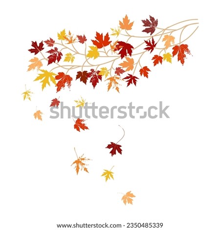 Fall or autumn maple leaves in red orange and yellow design element. Fall vector illustration of colorful tree branch with falling leaves and texture grunge. Autumn clip art.