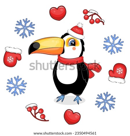 Cute cartoon toucan with a red scarf and red hat in a winter frame. Vector illustration of an animal with hearts, mittens, berries, snowflakes on a white background.