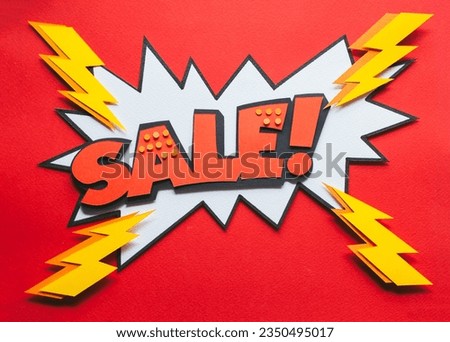 Handmade paper cutout pop art comic background with speech bubble. Cartoon flat style. In yellow and red color. Lightning. Concept for Black Friday or Cyber Monday. 