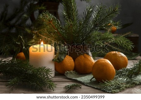 Christmas tangerines and fir branches on a wooden table. Fir branches and a candle create a holiday mood.