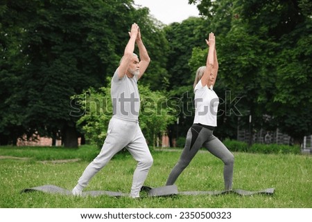 Senior couple practicing yoga on green grass in park