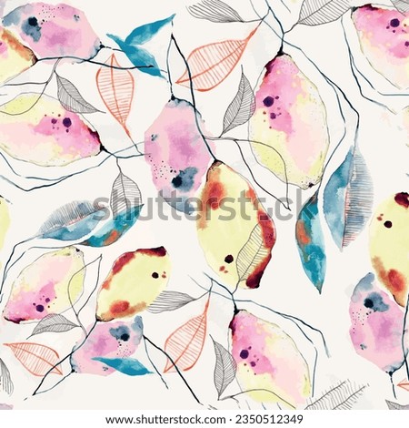 Seamless flower pattern with striped watercolor textured leaf background in pink, yellow and blue Royalty-Free Stock Photo #2350512349