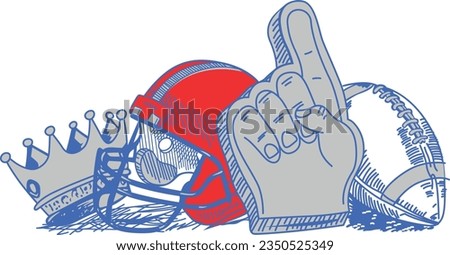 USA sports league emblem, American football sport poster with crown. helmet. hand. volleyball