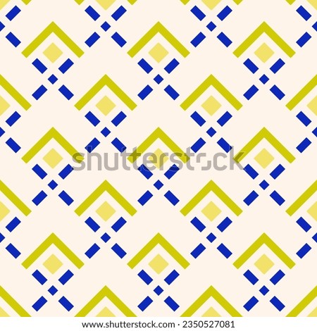 Retro pattern. Raster ornamental geometric seamless texture. Simple tribal ornament with lines, grid, fish scale, repeat tiles. Trendy abstract vintage geo background. Blue, lime green, yellow, beige