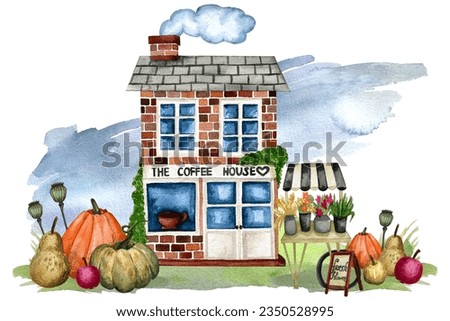 Cute rural street with brick houses, herbs, apples pears and pumpkins. Watercolor illustration in vintage style. Watercolor illustration and clip art set background.