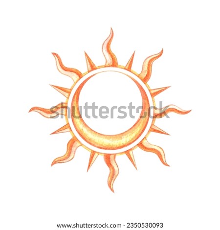 Watercolor magic sun with crescent inside isolated on white background. Celestial hand drawn clip art for astrological and esoteric blogs, tattoo, tarot cards, prints, label, tags, sticker pack.