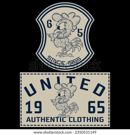 Illustration college with Rooster Mascot and text United Since 1965 Patchwork Varsity model Cool Cartoon