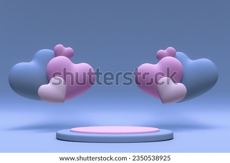 Happy St Valentines day podium display with flying blue pastel pink heart shape, 3D rendering illustration. Romantic love design template