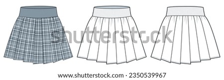 Pleat Skirt technical fashion illustration, plaid pattern. Mini Skirt fashion flat technical drawing template, pleated, rib waistband, front, back view, white, grey, women CAD mockup set. Royalty-Free Stock Photo #2350539967