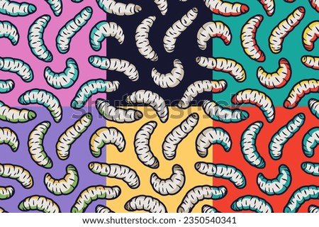 Worm set of seamless patterns for halloween design background. Wallpapers with maggots or scary insect larvae for october party banner, poster or postcard
