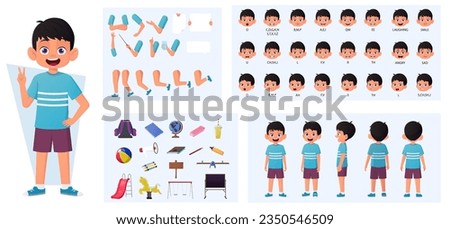 Boy Character Constructor with Gestures and Emotions. Child Side, Front, Rear View, with Body Parts for Animation and Lip-Sync Vector Illustration. Royalty-Free Stock Photo #2350546509