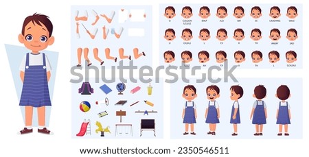 Little Cartoon Girl Character Constructor with Lip-sync, Front, Side, and Rear view, Hand Gestures and Emotions for Animation Vector Illustration Royalty-Free Stock Photo #2350546511