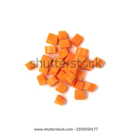 Fresh Diced Carrot Isolated, Raw Carrot Cubes Closeup, Chopped Orange Root Vegetable, Diced Carrots Pile on White Background Top View Royalty-Free Stock Photo #2350550177
