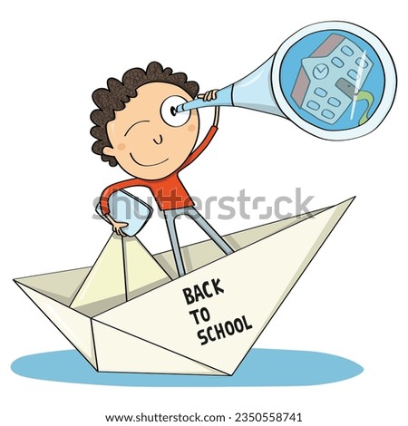 Boy getting ready to go back to school in a paper boat with a spyglass. Vector Illustration.