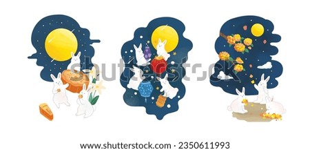 Playful jade rabbits eating mooncakes, carrying lanterns and collecting osmanthus flower petals on mid autumn festival. Mid autumn festival illustrations isolated on white background.