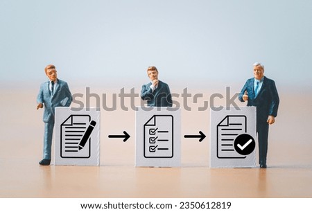 Miniature figure businessmen standing with white paper and document icon for prepare , check and approve document and project concept.