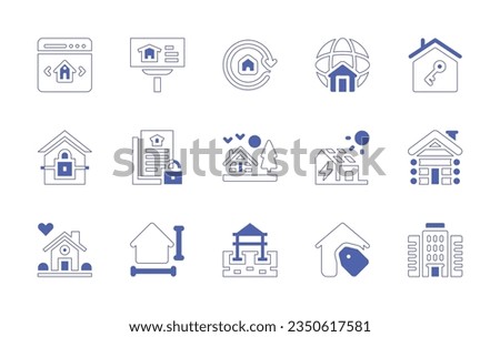 Real estate icon set. Duotone style line stroke and bold. Vector illustration. Containing online shopping, billboard, renovation, home, key, eviction, legal document, wooden house, solar house, cabin.