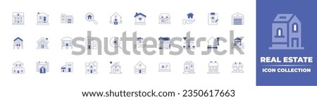 Real estate icon collection. Duotone style line stroke and bold. Vector illustration. Containing house, cottage, garage, search, eviction, home, investment, contract, lodge, cabin, shack, and more.
