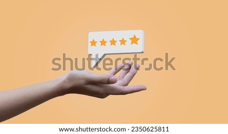 Golden positive customer experience illustration isolated on orange background. Online feedback concept holding hands five stars. Best business service rating customer experience concept. Royalty-Free Stock Photo #2350625811