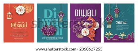 Set of Diwali festival poster design with peacock, lights and flowers background. Royalty-Free Stock Photo #2350627255
