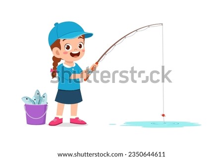 little kid catch fish with fishing rod and feel happy