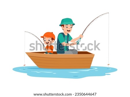 little kid fishing with father and feel happy